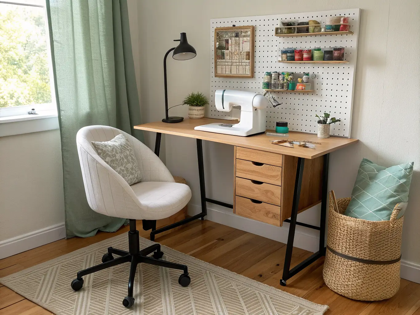 Photorealistic craft room corner sewing station with white swivel chair at light wood desk, sewing machine, thread jars, pegboard tools, and jute rug in soft afternoon light.