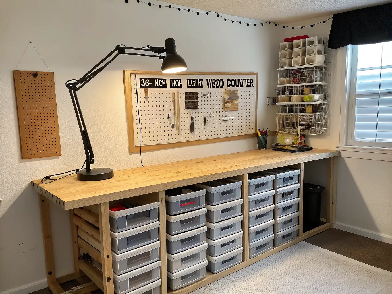 Standing craft-room assembly station with a light wood counter, labeled clear bins, cork board swatches, wall wire baskets, and a black LED task lamp in mixed golden-hour and cool light.