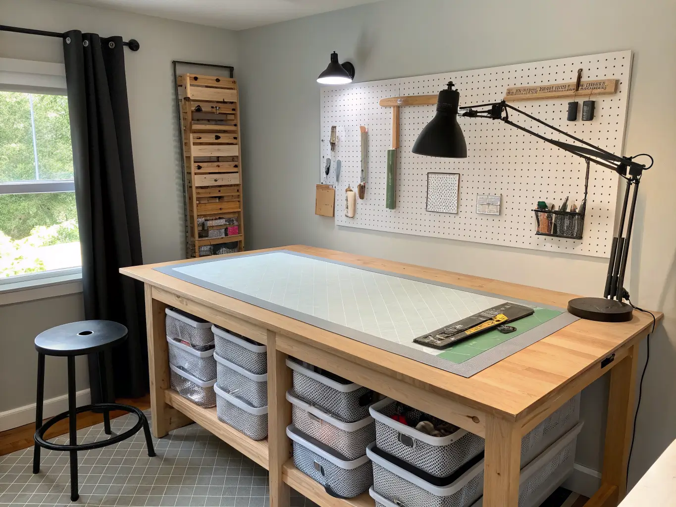 Photorealistic craft room cutting station with light-oak table, gray self-healing mat, pegboard of rotary cutters and rulers, fabric bins below, and black drafting stool under bright daylight LED.