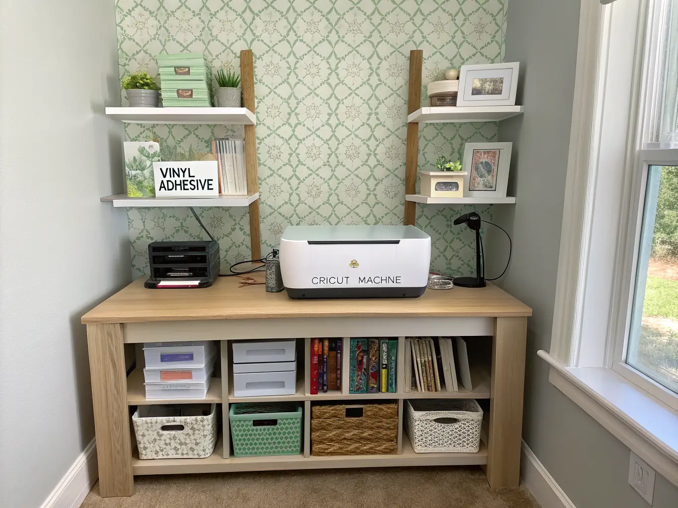 Photorealistic craft room alcove with a white Cricut on a light wood console, small printer, organized vinyl bins on floating shelves, and sage botanical wallpaper.