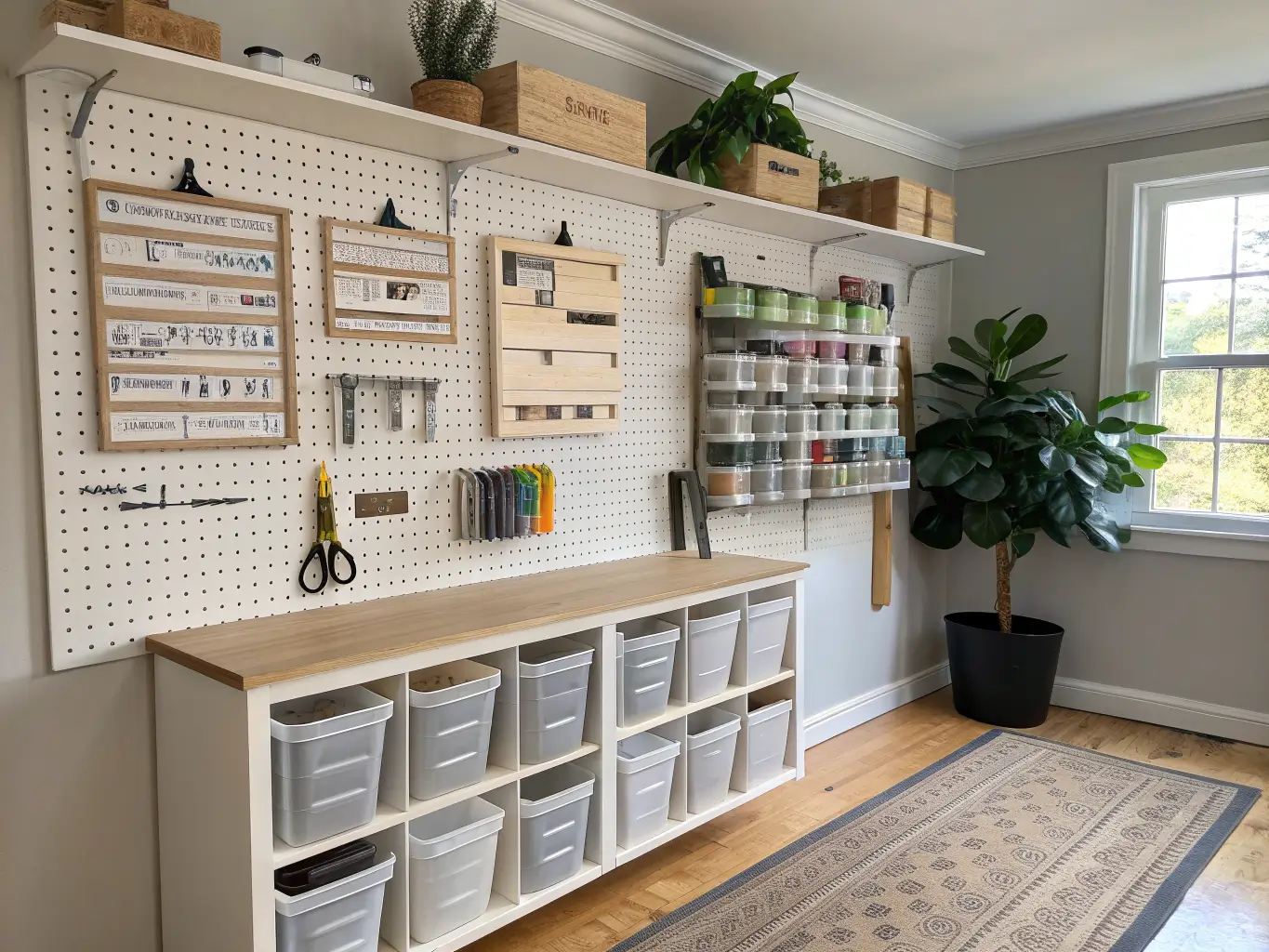Wide-angle view of a craft room storage wall with white pegboard, tools on black hooks, light-wood shelves of labeled clear bins, a faux fiddle-leaf plant, and soft natural light over a pale wood floor and jute rug edge.