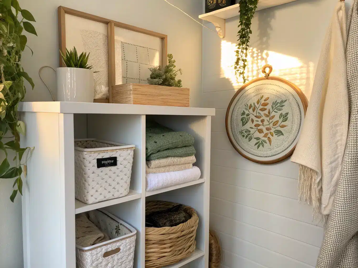 Close-up of a craft room cubby with a labeled woven basket holding a quilt-in-progress, an embroidery hoop clipped beside it, and a succulent on a black shelf above in warm late-afternoon light.