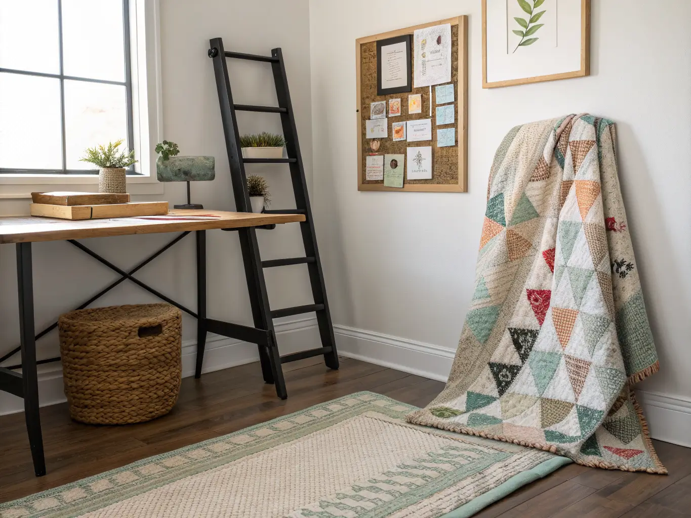 Photorealistic craft room with a wood worktable, black ladder with quilted throw, framed embroidery, fabric swatches, and a woven rug in soft window light.