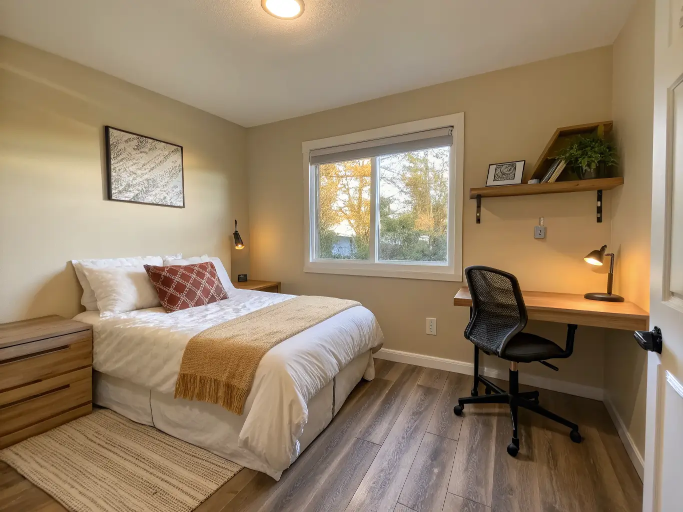 Photorealistic small greige bedroom with platform bed on left, floating oak desk under window, jute rug, and warm golden-hour light.