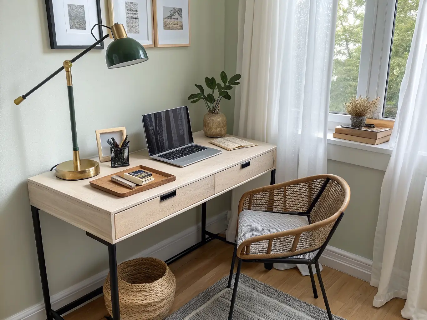 Close-up of a minimalist bedroom desk corner with a pale wood floating desk under a window with sheer curtains, pothos plant, brass lamp, pen tray, black metal chair, sage green wall, and a small floating shelf with books and a framed print.