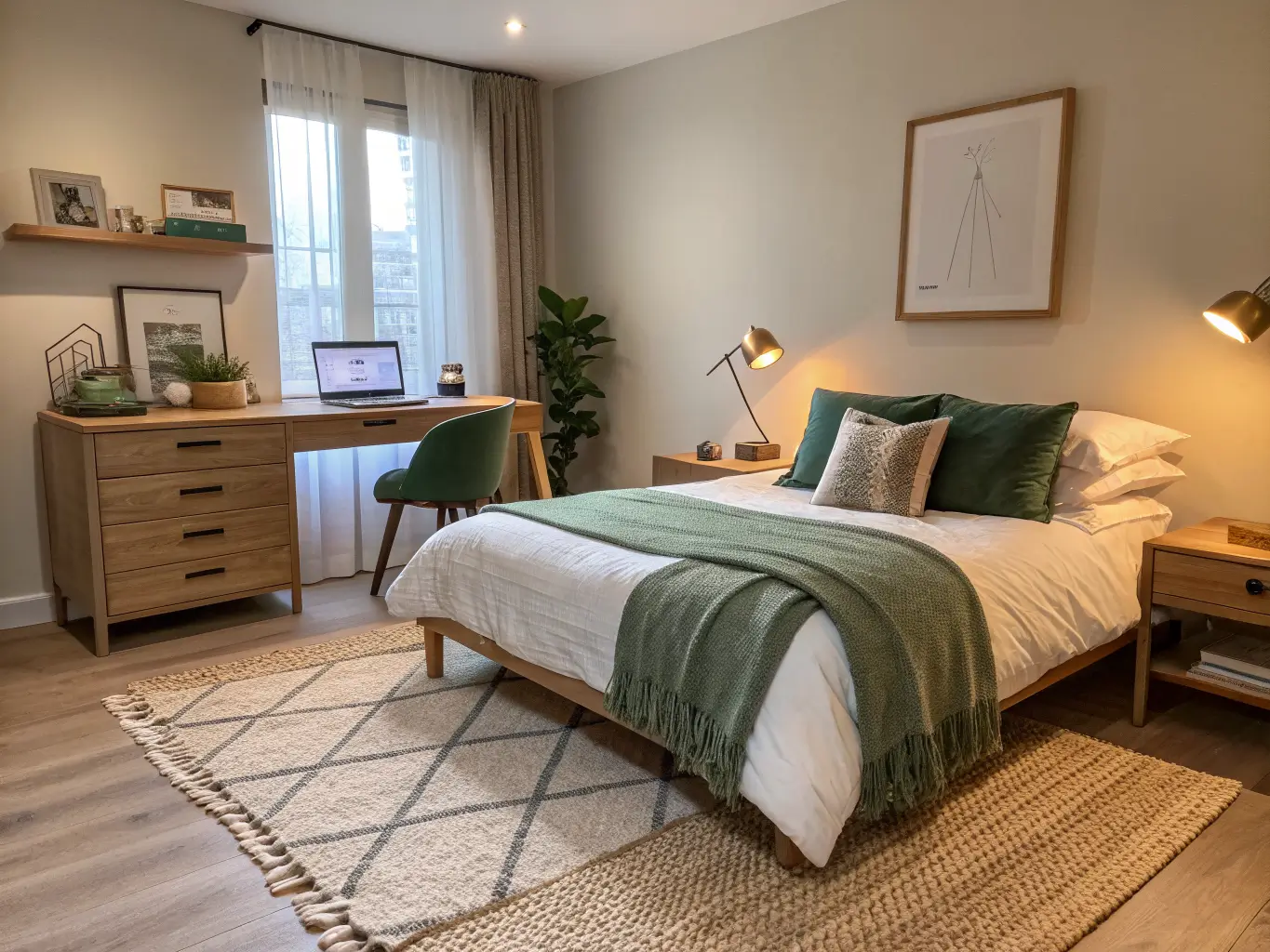 Photorealistic bedroom-study combo with white bed and sage throw at left, light oak desk on greige wall at right on a jute rug, warm brass lamp glow and low bookshelf divider.