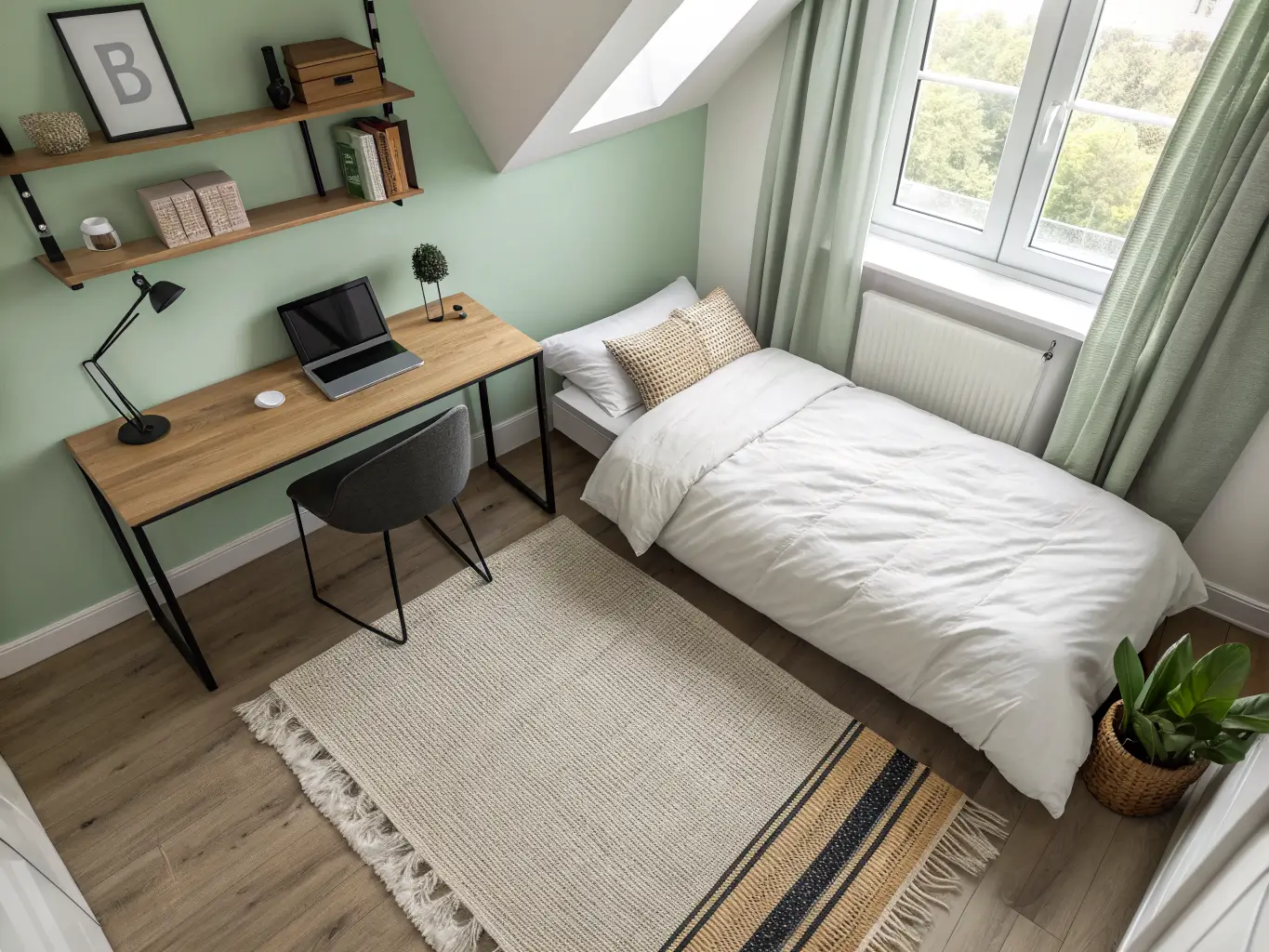 Overhead angled view of a small bedroom with warm white bed, light wood desk on a jute rug by a window with sheer curtains, soft morning light, and a greige and sage green palette.
