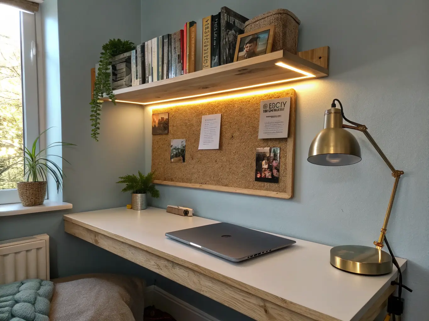 Low-angle photorealistic view of a floating desk in a teen bedroom with warm LED-lit oak shelf, snake plant, books, corkboard photos, laptop stand, brass lamp, and rattan cable basket against a soft blue-gray wall.