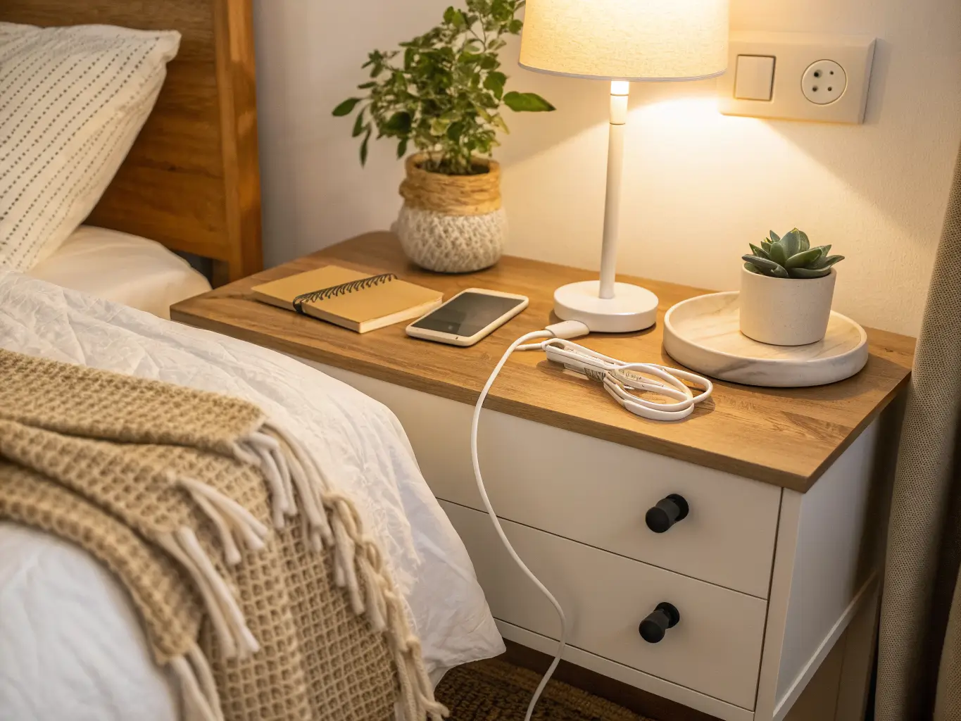 Close-up of a bedside-to-desk transition with a nightstand lamp, light wood desk edge, woven white throw, coiled cable with clip, ceramic paperclip dish, trailing plant leaf, and warm late-afternoon light.