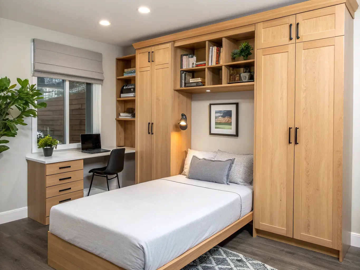 Photorealistic wide shot of a light oak Murphy bed and built-in desk wall unit in a small bedroom, with a slim shelf holding a plant and books, daylight and a lit desk lamp.
