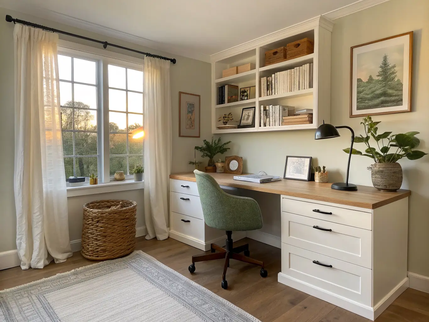 Sunlit home office with white oak desk by a large window, walnut file cabinet, and open shelves with books and botanical print.