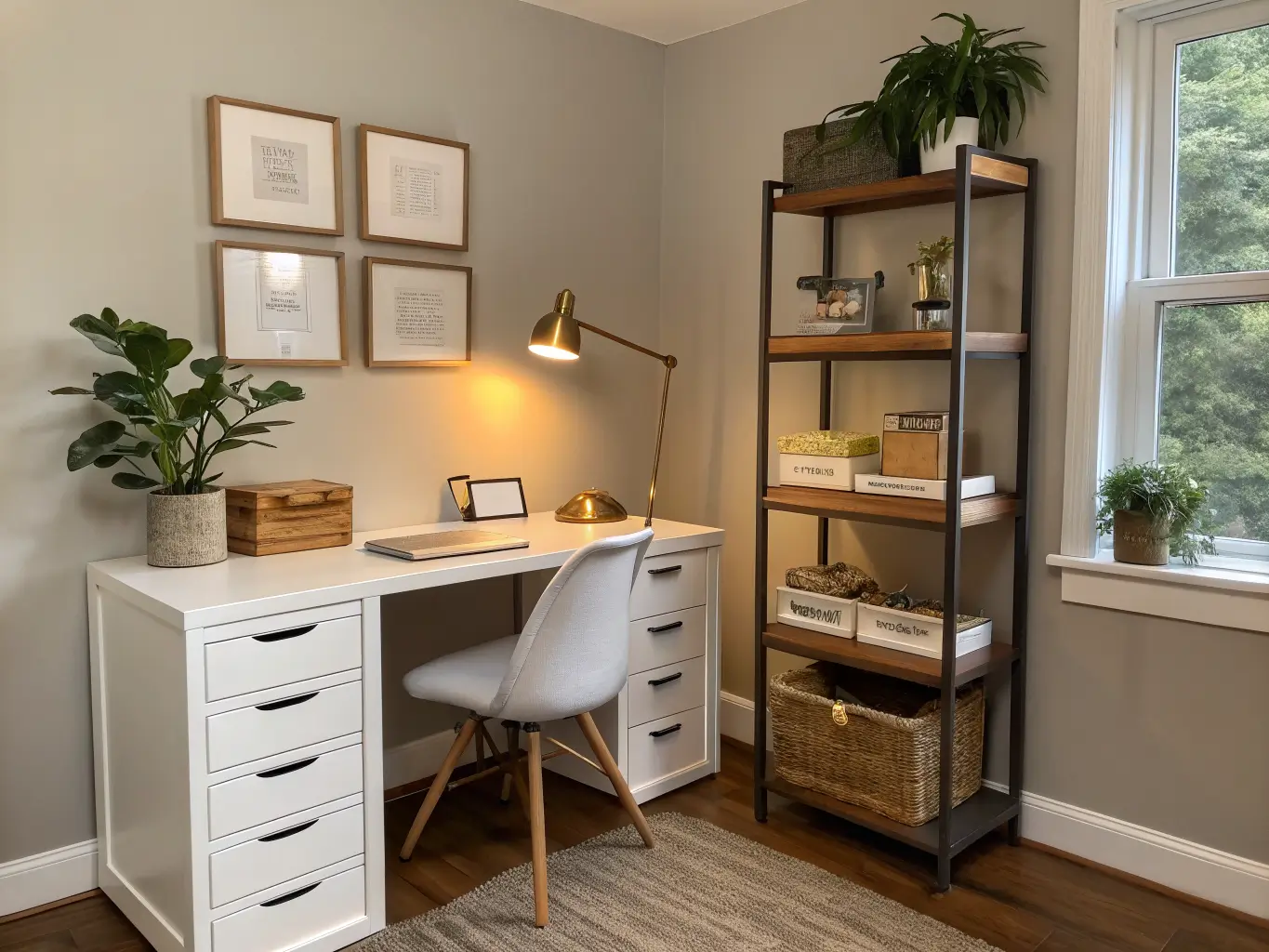 Cozy bedroom workspace corner with a compact white desk, walnut rolling file pedestal, oak wall shelf with labeled canvas bins and trailing pothos, lit by late-afternoon window light and a warm brass desk lamp.