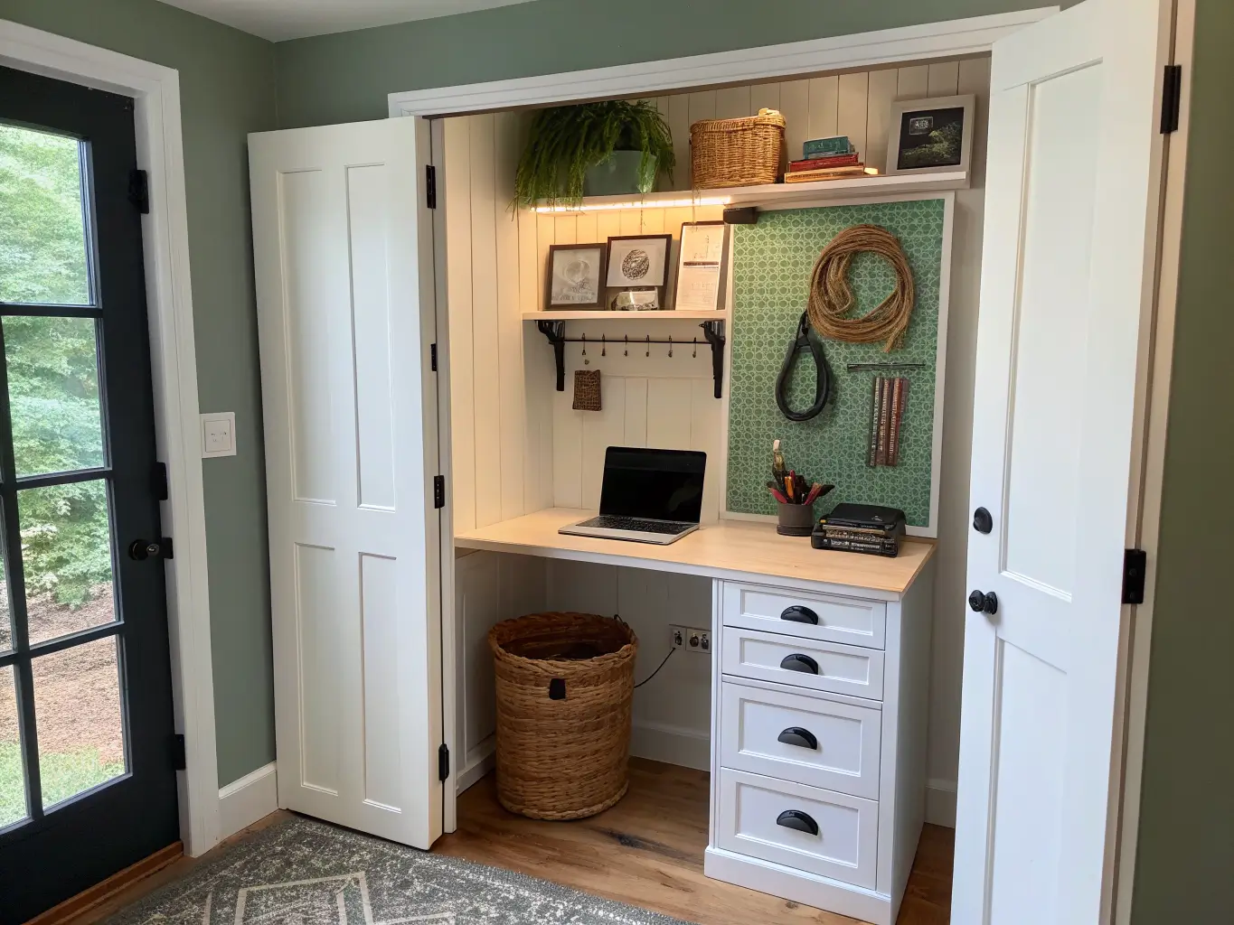 Photorealistic straight-on view of a closet converted into a compact home office with a floating white oak desk, white cabinets with black knobs, matte black pegboard holding tools and cables, a woven basket on the floor, and warm afternoon light.