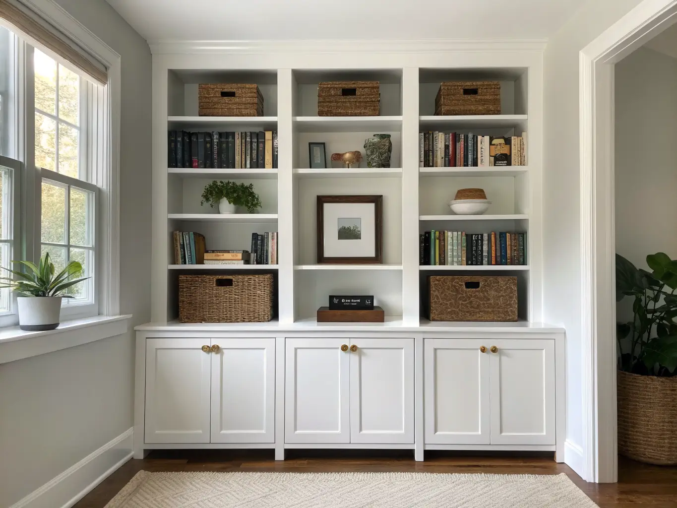 Symmetrical home office wall with tall white bookcase and open shelves holding organized books, a small plant, ceramic bowl, and framed print above a walnut cabinet with woven bins, lit by soft daylight.