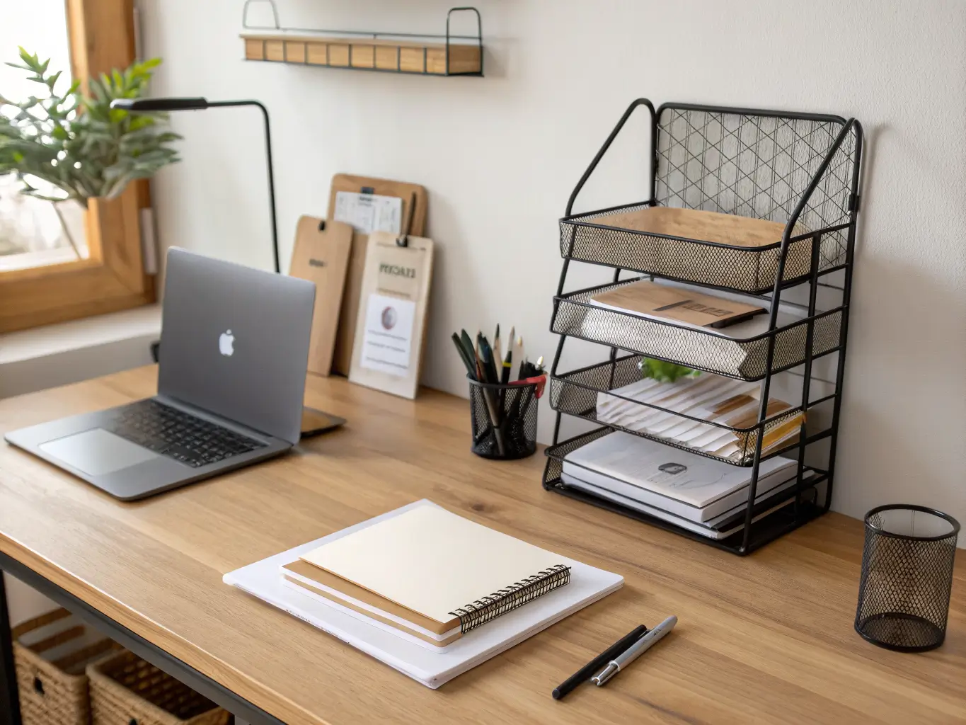 Close three-quarter view of an oak home office desk with a black metal desktop organizer, laptop stand, and a wall-mounted wire file holder holding manila folders in soft morning light.
