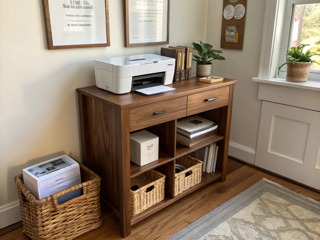 Home office printer nook with walnut stand and oak top, printer above open cabinet with paper and ink in woven bins, labeled white boxes, warm white wall shelf with plant, softly lit by afternoon window light.