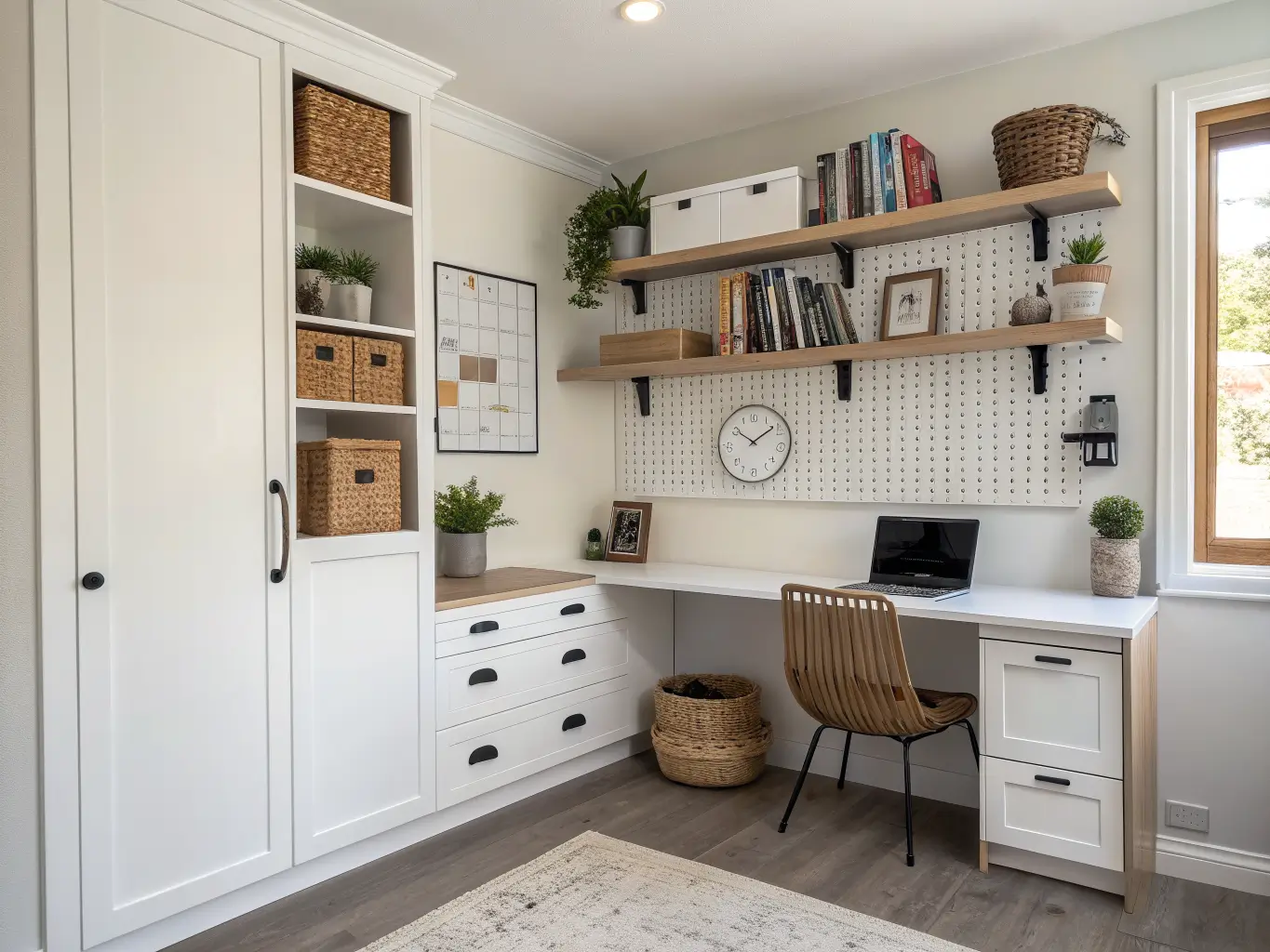Vertical storage wall in a narrow home office nook with a white base cabinet, floating oak shelves with baskets and books, and a pegboard over a desk lit by late afternoon light.