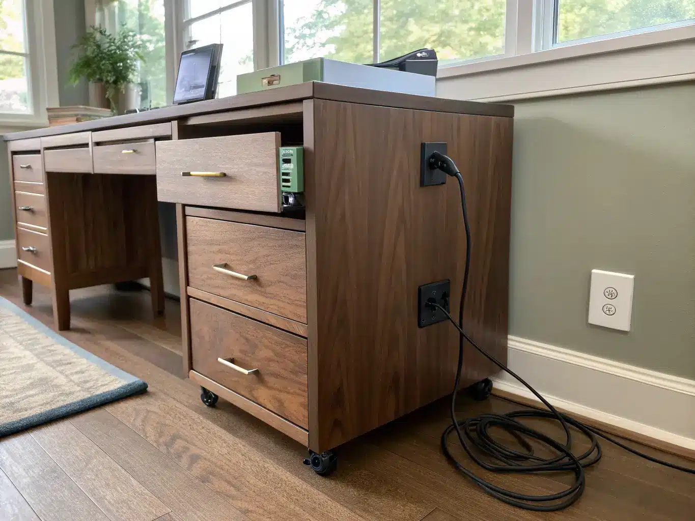 Close-up of a walnut rolling file cabinet with a slightly open drawer of hanging folders beside an oak desk, with neatly organized cables in a black cord box along the baseboard.