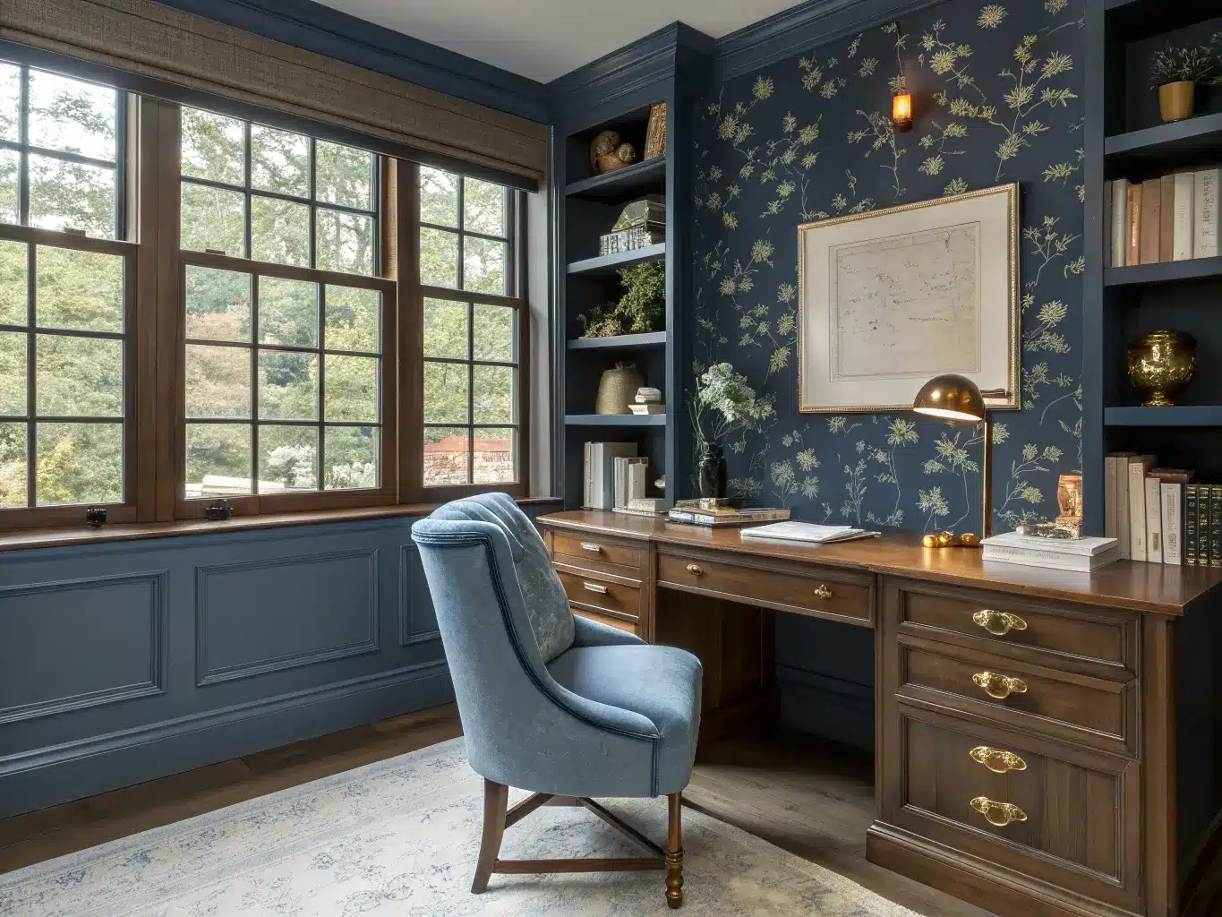 Traditional-chic home office with navy botanical wallpaper, walnut desk and brass lamp, blue velvet wingback chair, built-in bookshelves, herringbone floor, and warm late-afternoon window light.