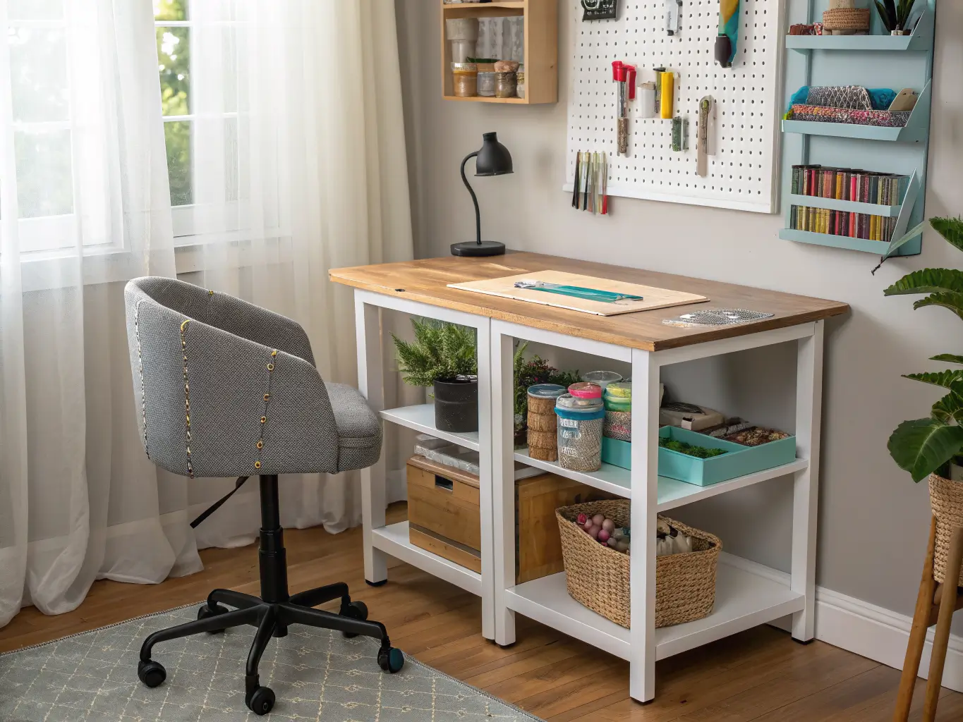 Angled close-up of a tidy craft table with cutting mat, muted fabric scraps, pegboard tools and thread, button canisters, task chair, snake plant, and brass lamp in warm afternoon light.