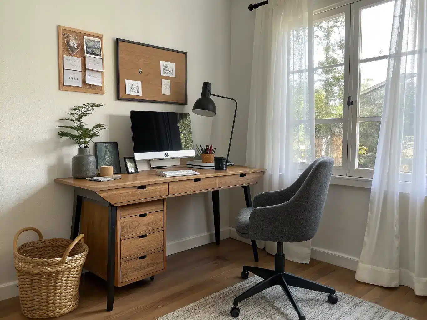 Straight-on photo of a minimalist office desk by a window with sheer curtains, featuring a monitor, laptop, black lamp, mug, charcoal chair, wall print, and cork board in soft morning light.