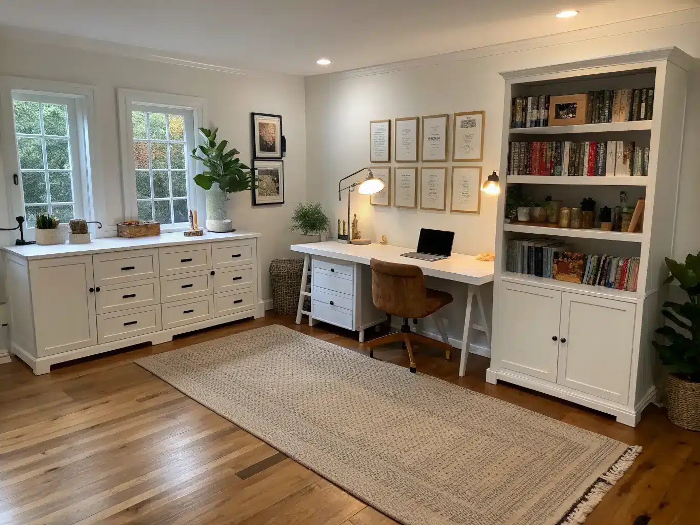 Wide shot of a dual-purpose office and craft room with a jute rug zoning the craft table from the desk area, a low bookcase with a snake plant between, warm white walls, and soft daylight.