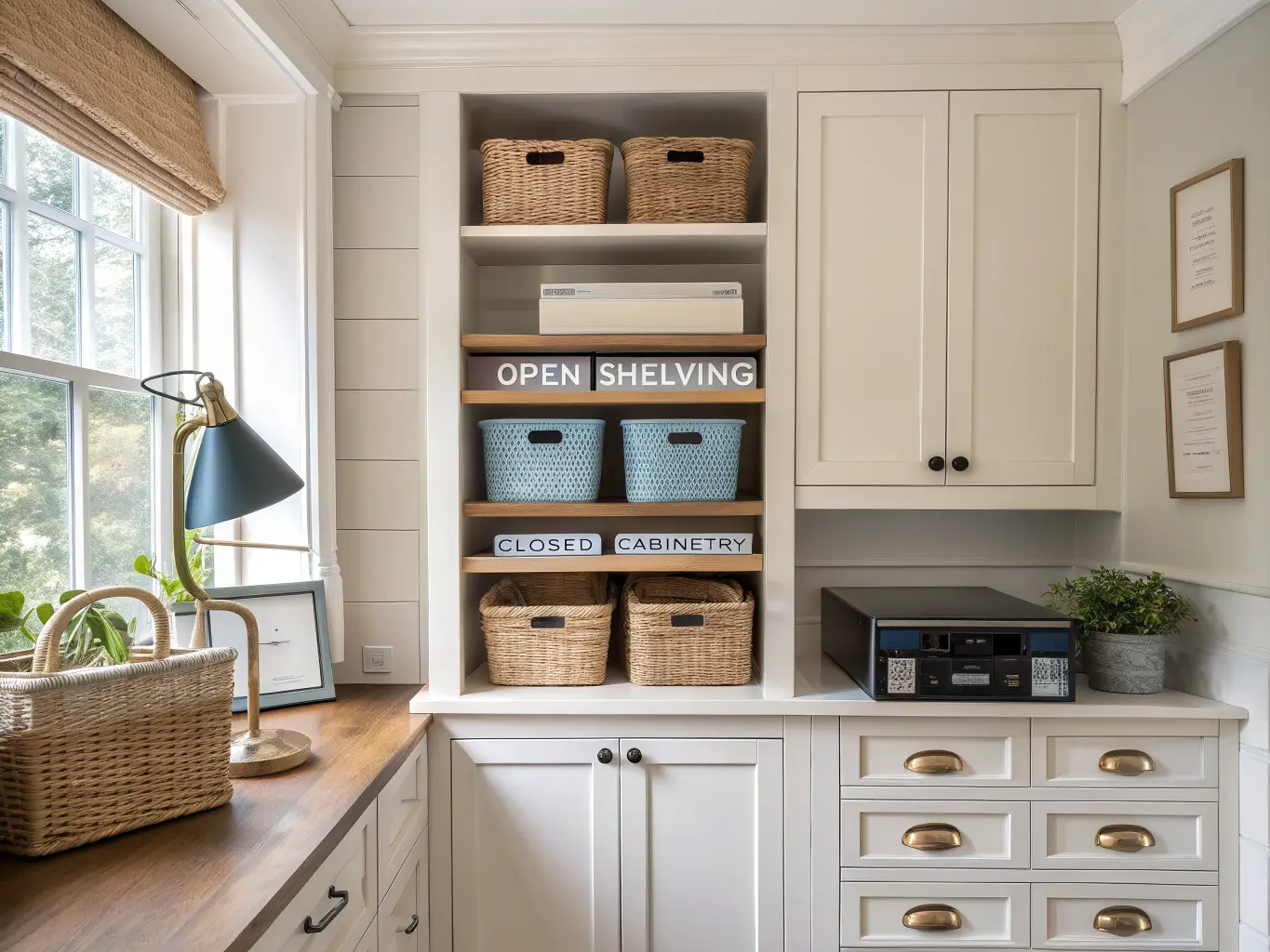 Open oak shelves with clear labeled bins, woven baskets, and blue-and-cream craft paper beside closed white cabinets with black pulls, warmed by late-afternoon window light and a brass gooseneck lamp.