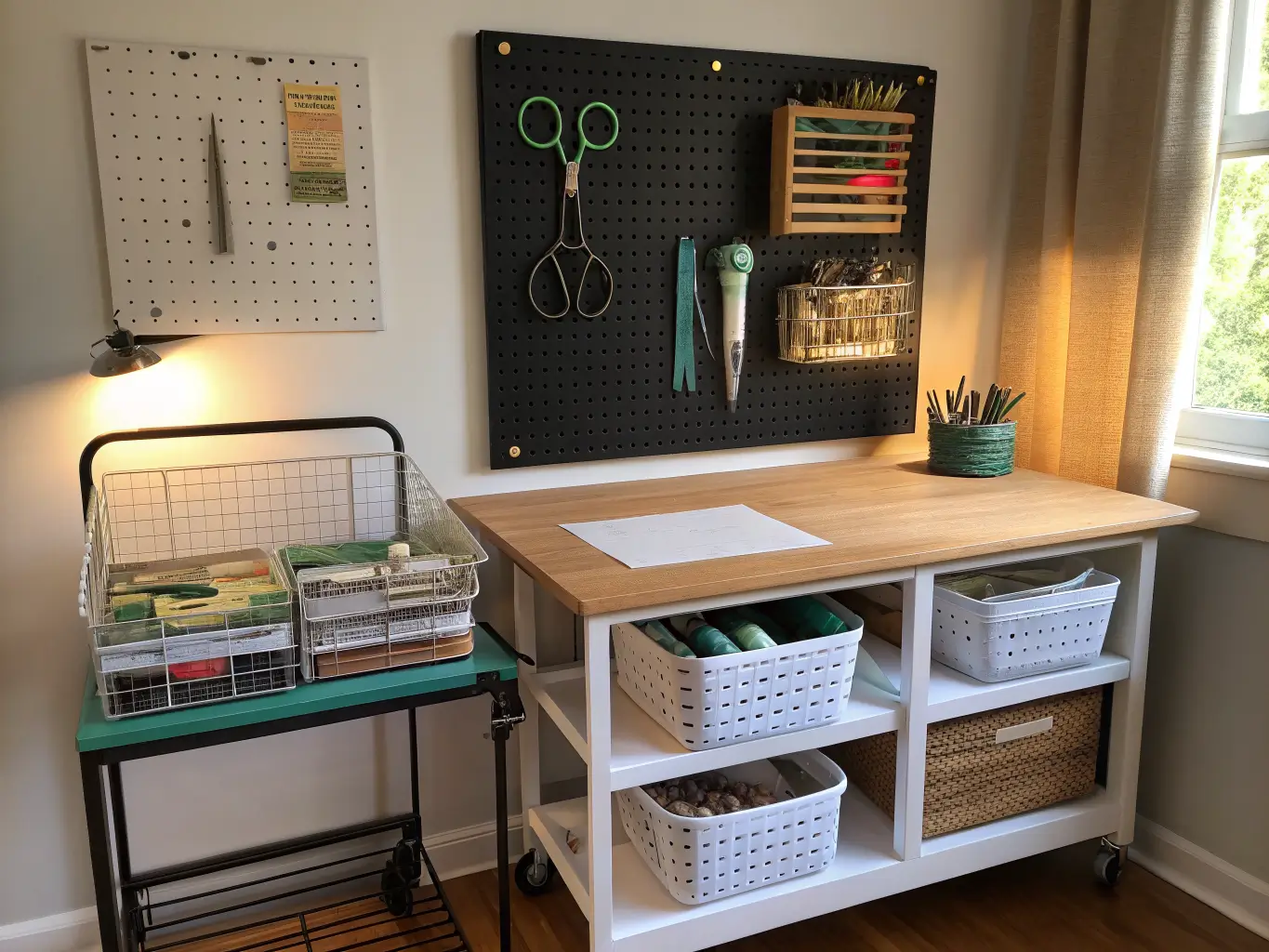 Cozy craft corner with a black pegboard holding scissors, tape, and ribbon above a butcher-block table with fabric swatches and a rolling supply cart in warm late-morning light.