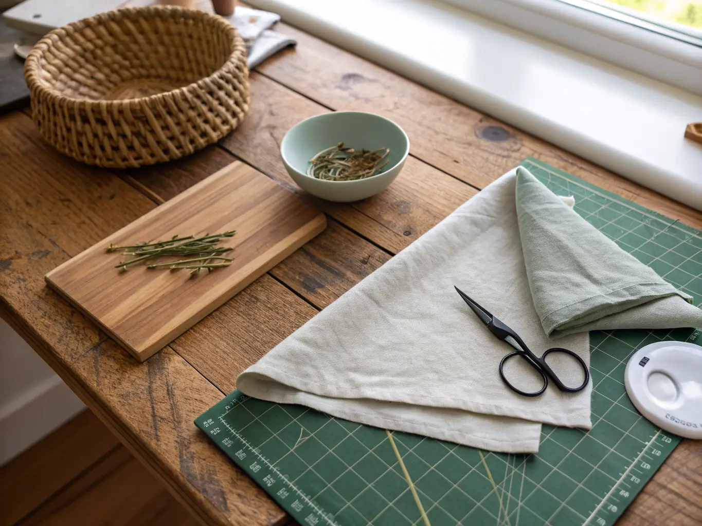 Overhead flat lay of a craft table with cutting mat, folded sage and cream fabric, ceramic pin dish, black-handled scissors, and a basket with a draped linen napkin on warm butcher-block wood.