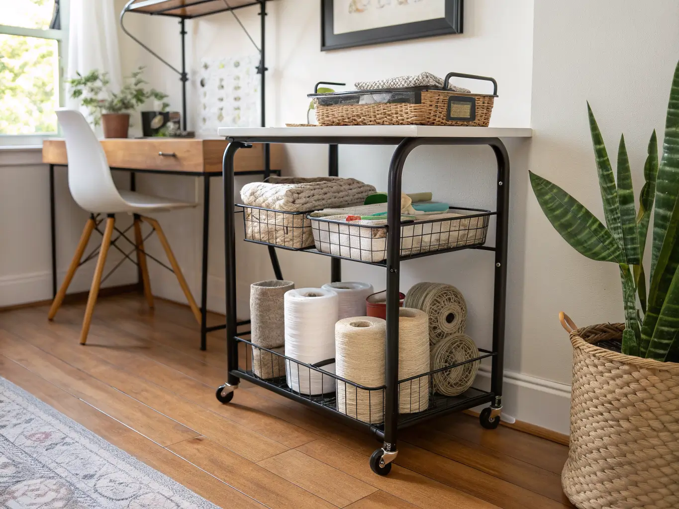 Rolling black metal storage cart with woven wire baskets of fabric, thread spools, and labeled clear bins between a desk and craft table in warm afternoon light on oak flooring.