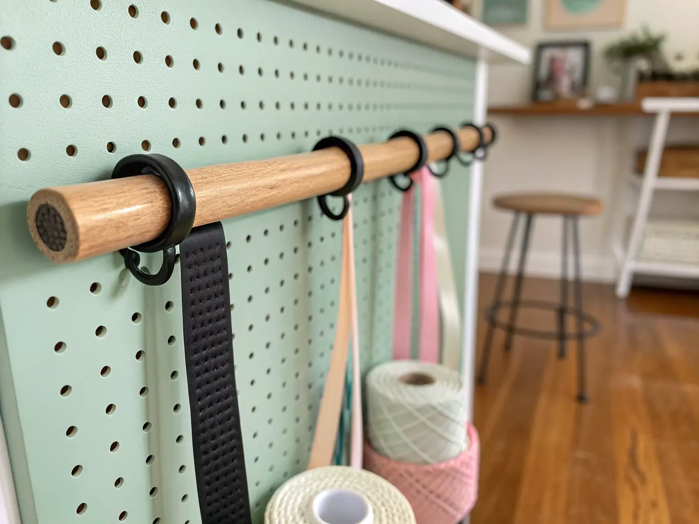 Close-up of a sage-green pegboard with ribbon spools on a wooden dowel, a white wire basket of rolled washi tape, and a softly blurred craft corner in warm afternoon light.