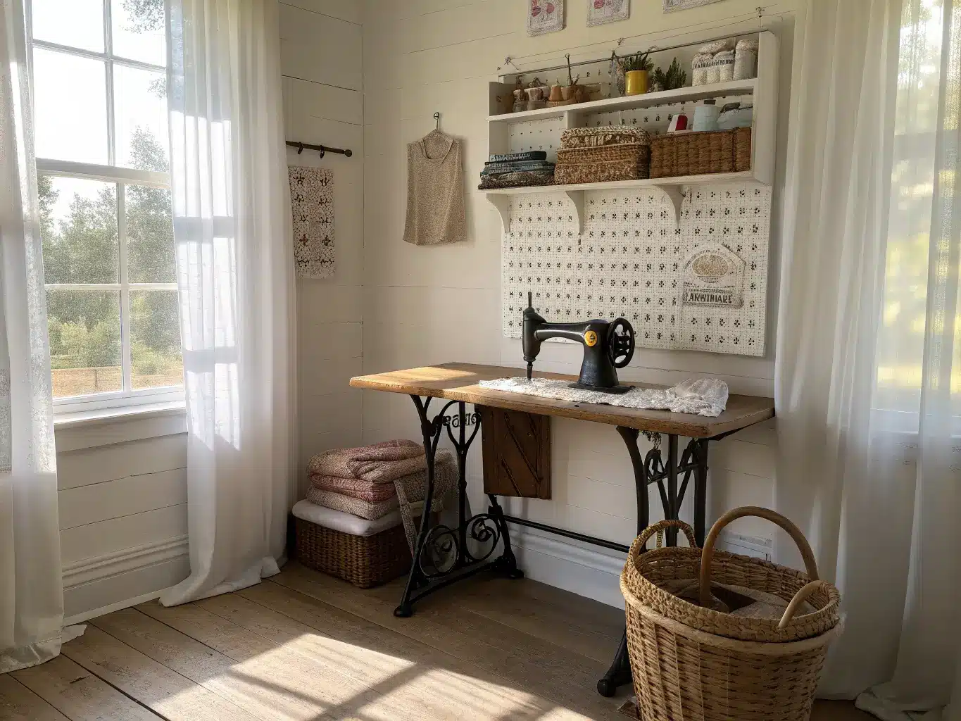Farmhouse-style sewing room with a white wood-trimmed pegboard above a vintage cast-iron sewing table, morning light through sheer curtains, thread bins and tools on hooks, and a wicker basket of folded linen on aged oak floors.