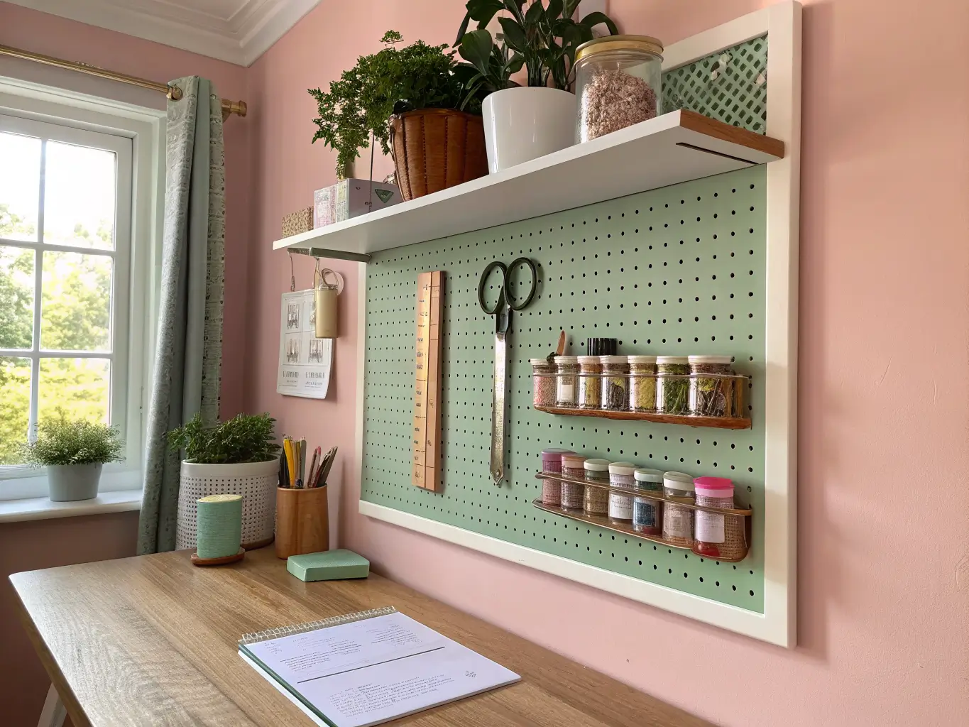Side-angle view of a craft desk nook with sage-green pegboard, floating oak shelf, tools, ribbon spools, labeled glass jars, and eucalyptus in warm late-afternoon light against a blush-pink wall.