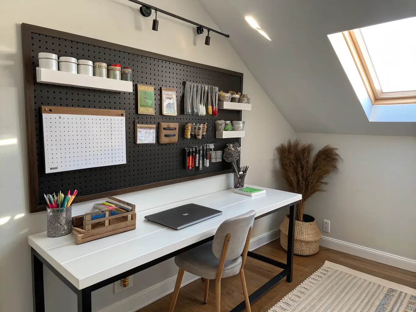 Modern craft studio corner with black pegboard above a white desk, organized art supplies, laptop, and pampas grass in soft skylight.