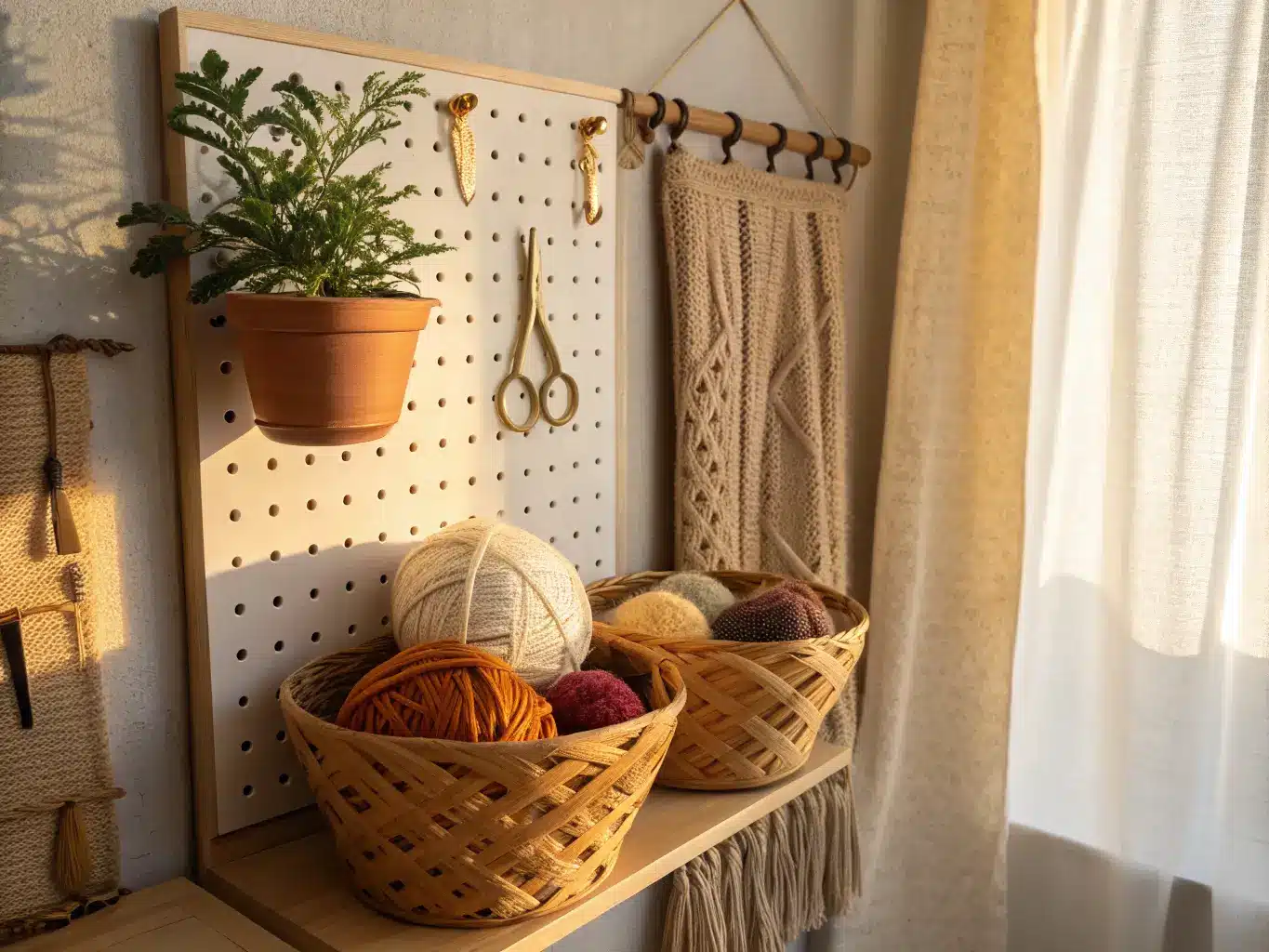 Close-up of a boho wooden pegboard with rattan baskets of terracotta, mustard, and cream yarn, brass hooks holding scissors and a macramé hanger, lit by golden-hour sun near a pothos and ivory linen curtains.