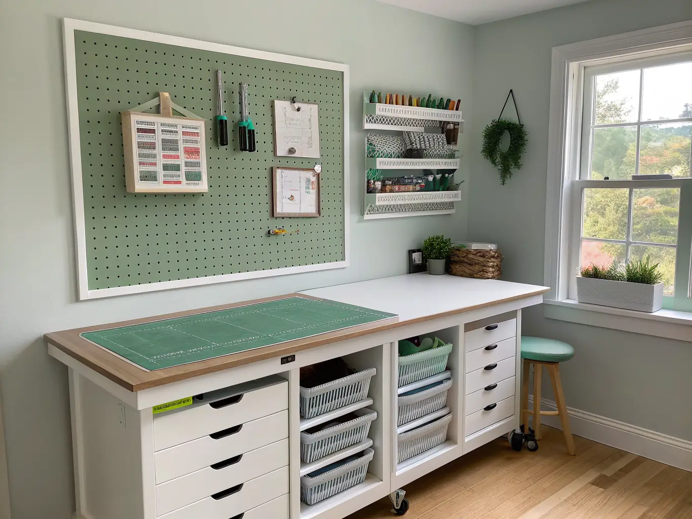 Photorealistic craft room with two sage-green pegboard panels above a cutting table, neatly organized tools, ribbons and thread, rolling cart with labeled drawers and a small succulent, in cool morning light.