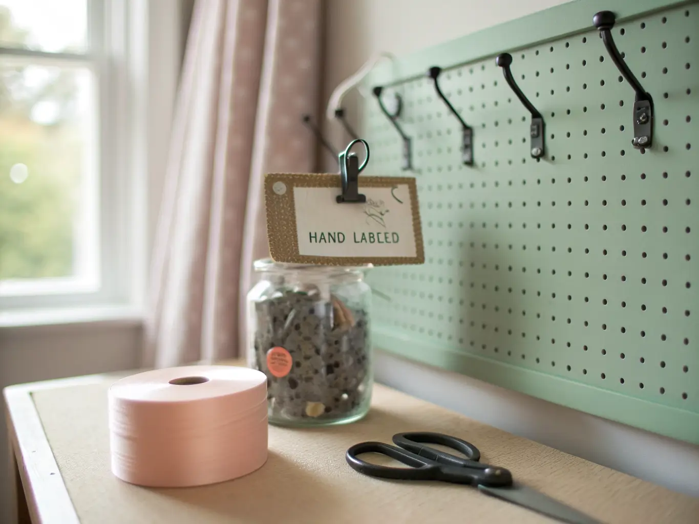 Close-up of a sage-green pegboard with black hooks holding a labeled tag, small scissors, and a mason jar of buttons, softly lit by a window with a blurred pink ribbon spool in the foreground.