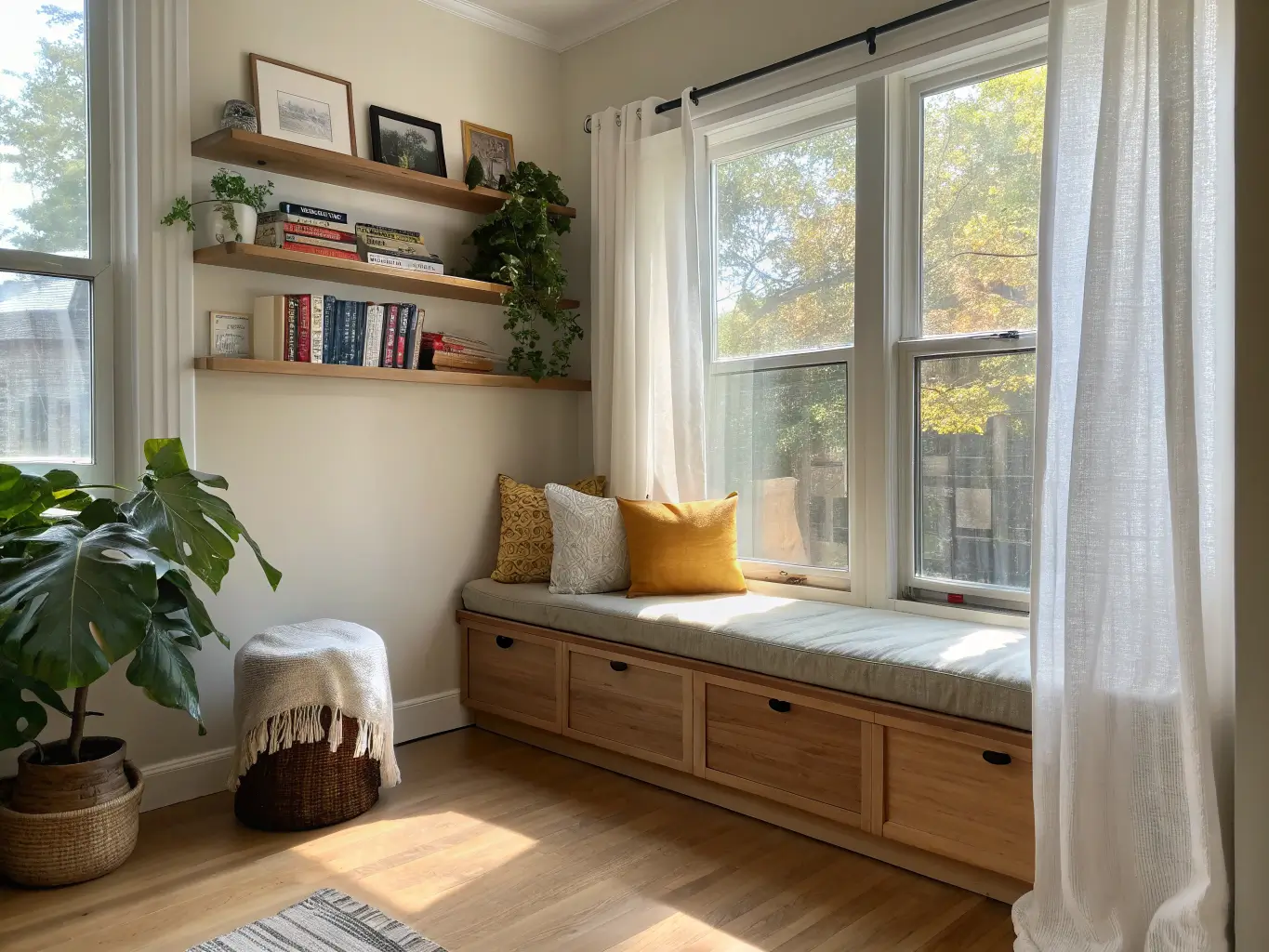 Photorealistic window-bay reading nook with an oak bench, ivory bouclé cushion, warm white and mustard pillows, sage throw, floating shelves with books and trailing pothos, swing-arm sconce, and soft golden-hour light through sheer curtains.