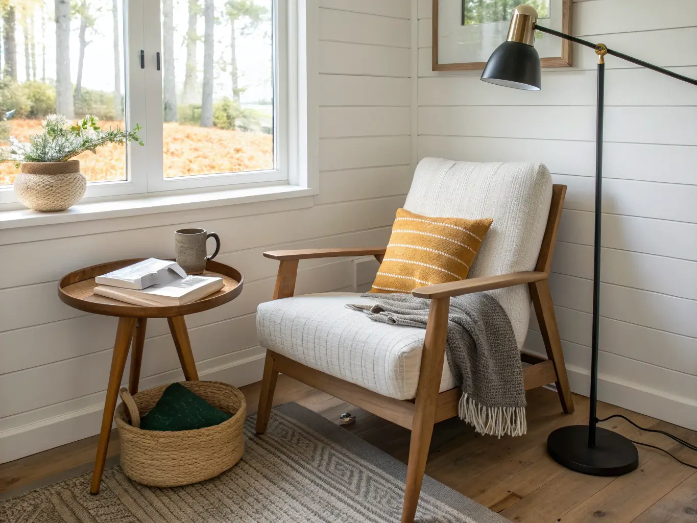 Close-up of a cozy living room reading nook with an oak-framed bouclé armchair, side table with mug and glasses, mustard pillow, sage throw, and warm floor lamp by a window.