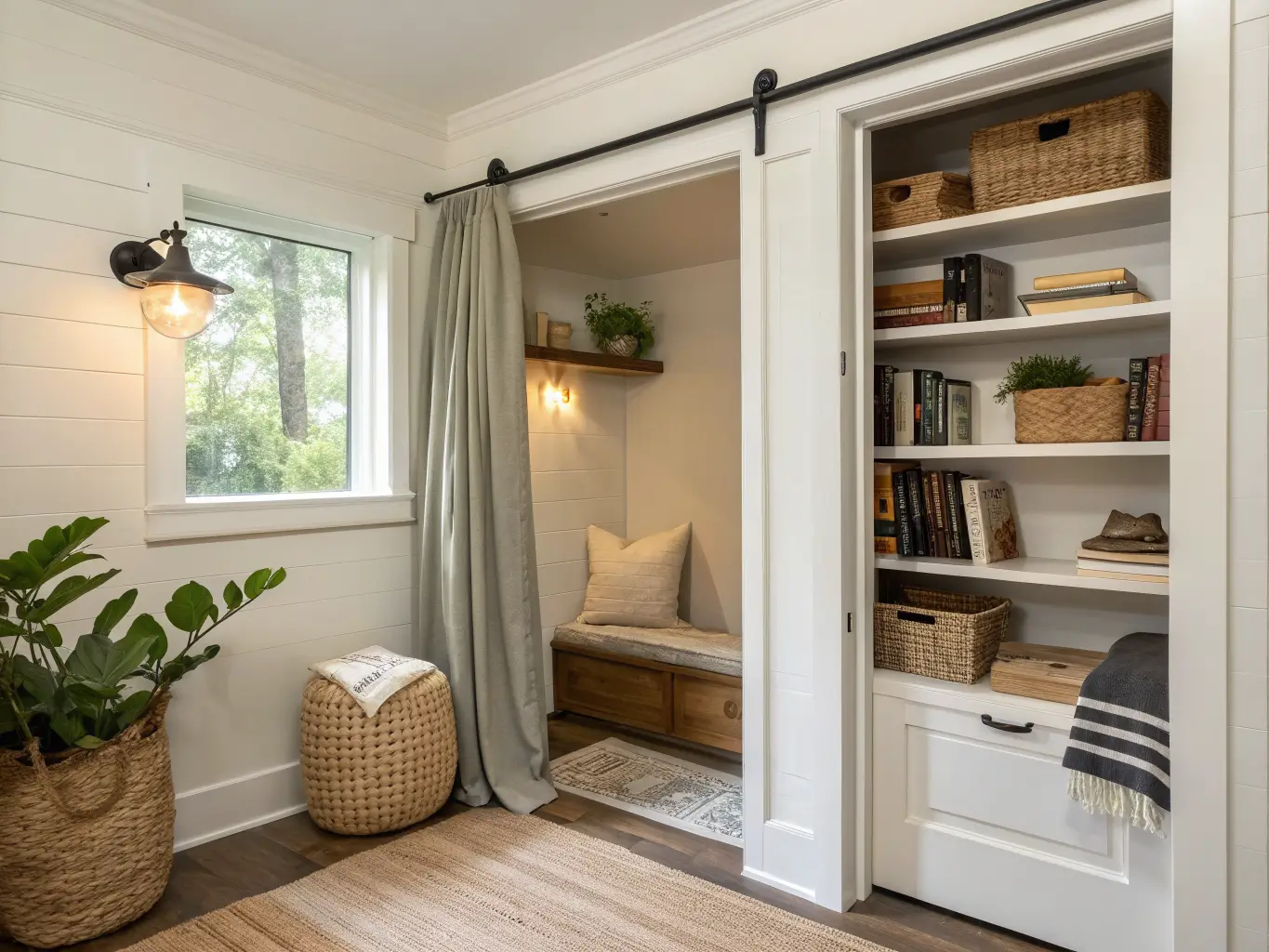 Closet converted into a cozy reading nook with rattan pouf, jute rug, sage curtain, glowing wall sconce, floating shelf with books and pothos, and a basket with a striped throw.