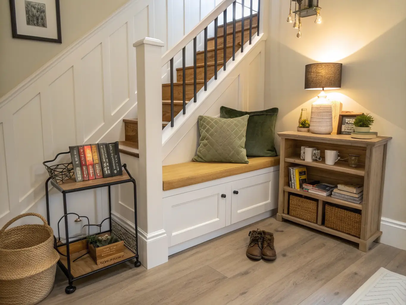 Photorealistic under-stair reading nook with oak built-in bench, cream cushions, sage bolster and mustard pillow, wire book cart with mug, picture light, pale oak floor, and round rug in warm afternoon light.