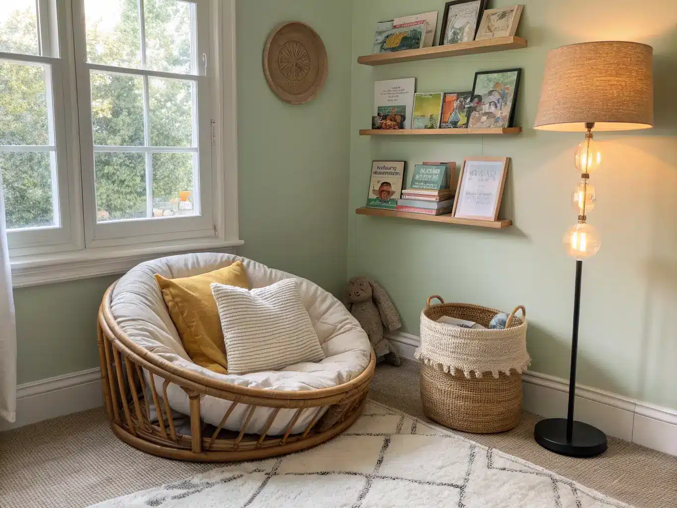 Child’s boho bedroom reading nook with a rattan papasan cushion on a jute rug by a sunlit window, sage walls, oak book shelves, warm floor lamp, and wicker basket of books.