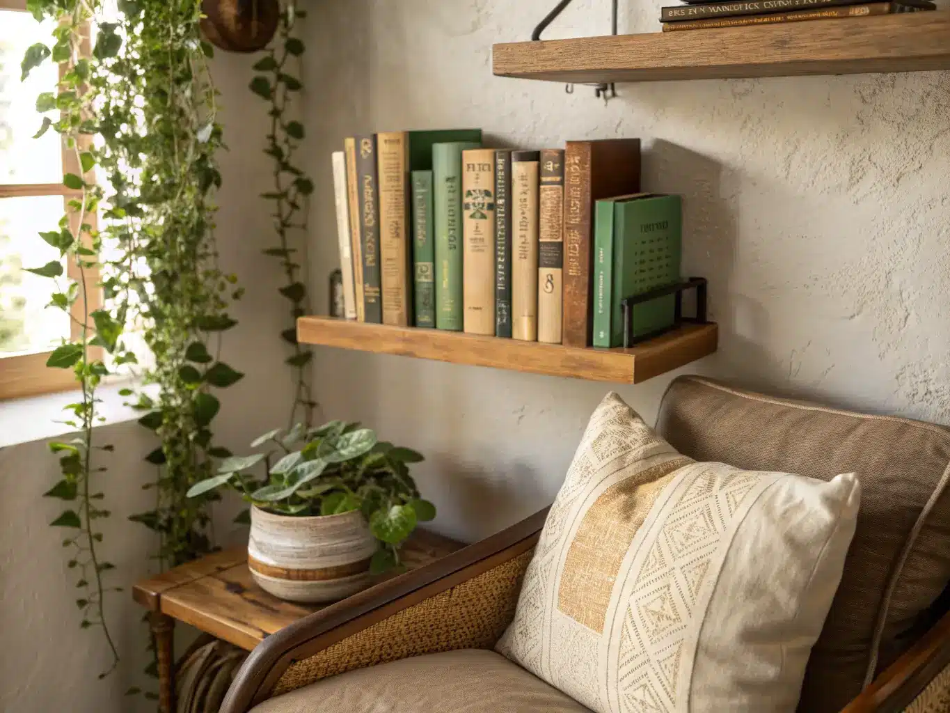 Close-up of floating shelf above a reading nook with 15 warm-toned books, trailing pothos, and brass bookend, with oak chair top and swing-arm sconce in warm afternoon light.