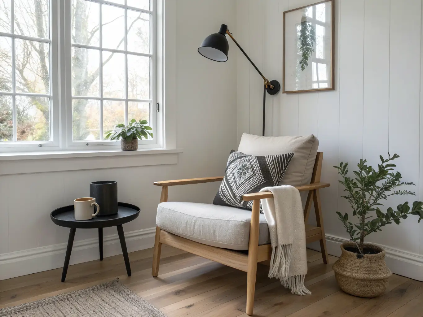 Scandinavian reading nook with oak chair, cream cushion, side table with mug and throw, black sconce, window light, and trailing plant.