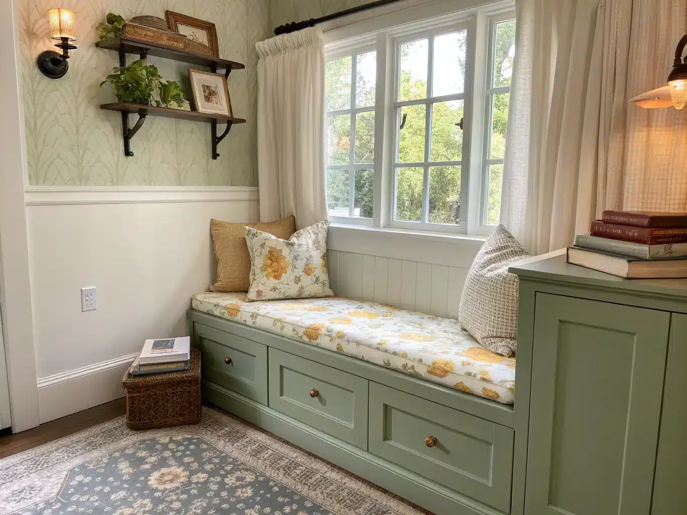 Sage-green cottage reading nook in a window alcove with floral cushion, books and ivory throw, brass wall sconce, white wainscoting, sheer curtains, and braided rug in warm afternoon light.