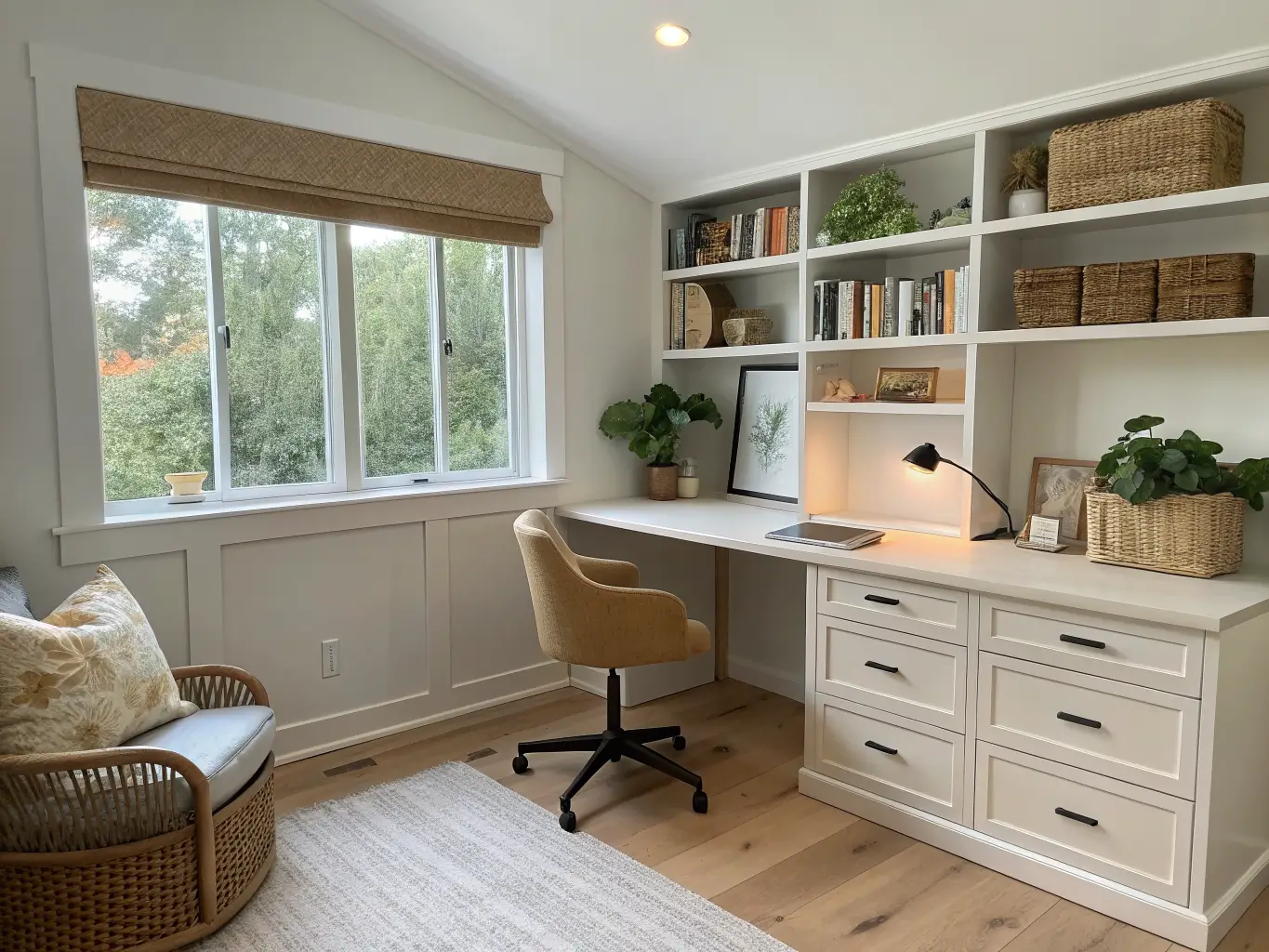 Wide-angle view of a 10x11 spare-bedroom study with white oak floors, L-shaped light oak desk, beige ergonomic chair, open shelves, soft white cabinets with brass pulls, and warm afternoon light by a window reading chair.