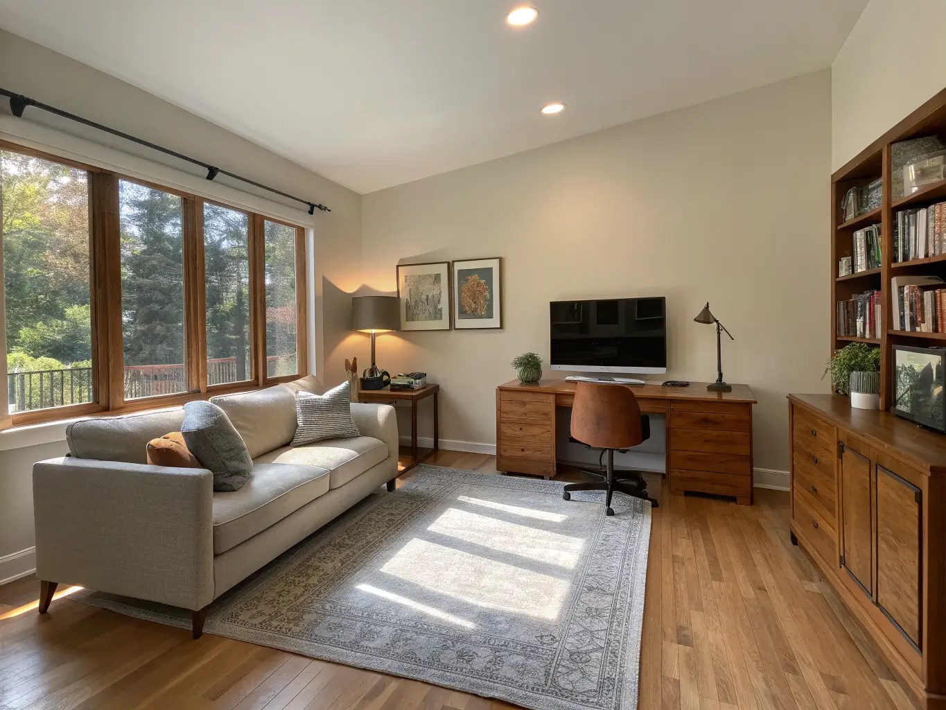 Photorealistic living room and study combo with tall left window, taupe linen sofa on gray rug, walnut TV console, and light oak desk with rust boucle swivel chair and floating shelf above.