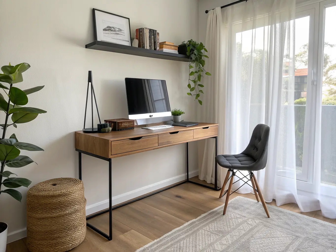 Photorealistic corner living room floating oak desk with black brackets by a window, pothos plant, rattan basket, hidden cable box, and abstract wall art in warm afternoon light.