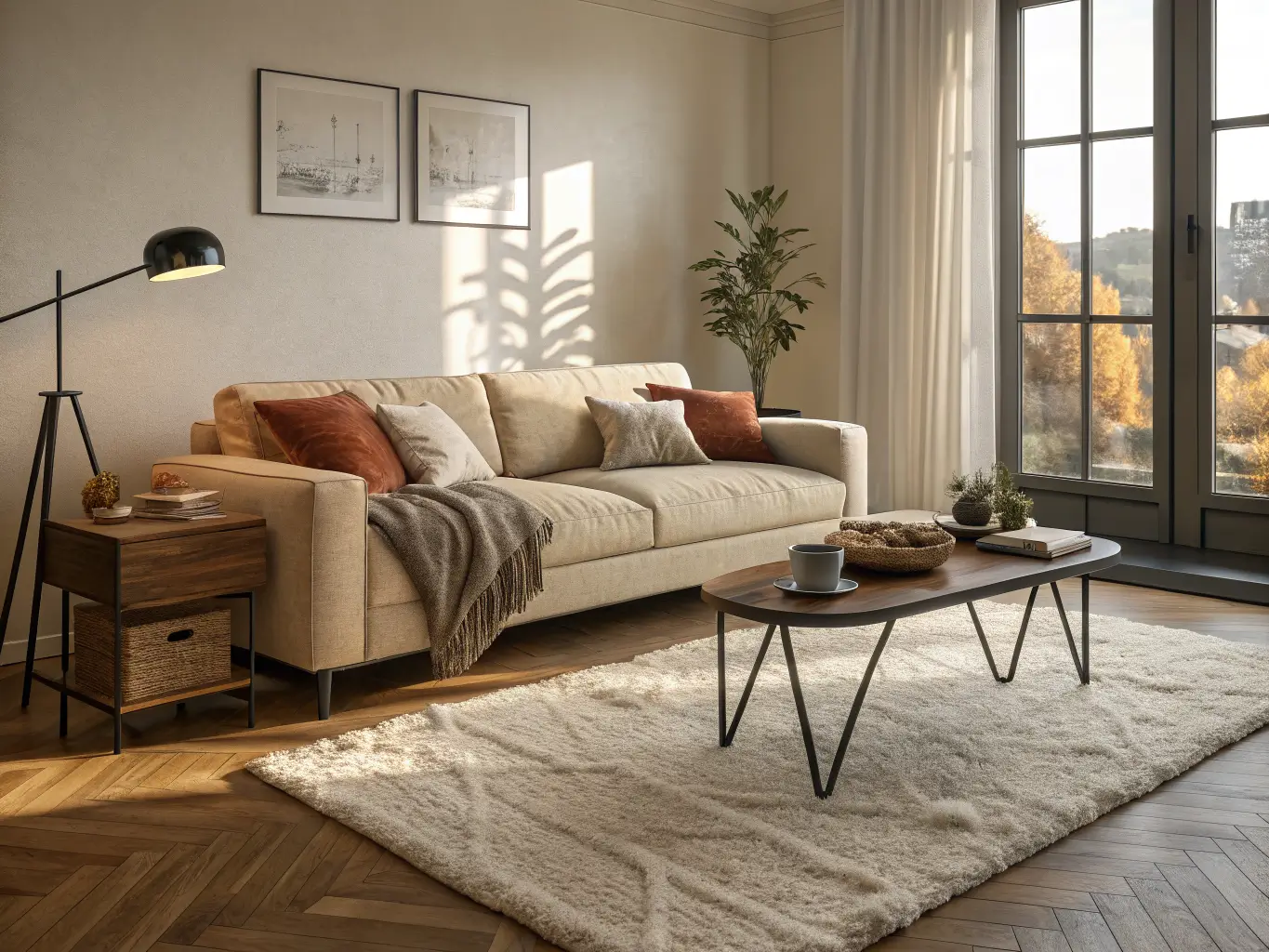 Photorealistic living room with oatmeal wool rug, taupe boucle sofa, walnut coffee table, and compact desk at edge, lit by warm late-afternoon window light and a glowing floor lamp.