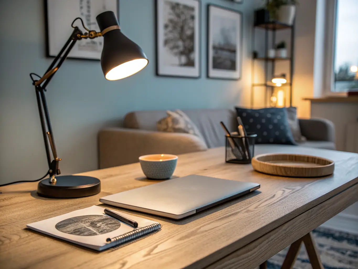 Close-up of a minimal light oak desk with a matte black lamp casting warm light beside a closed laptop and small bowl of paperclips, with a framed print and blurred sofa in the background at dusk.